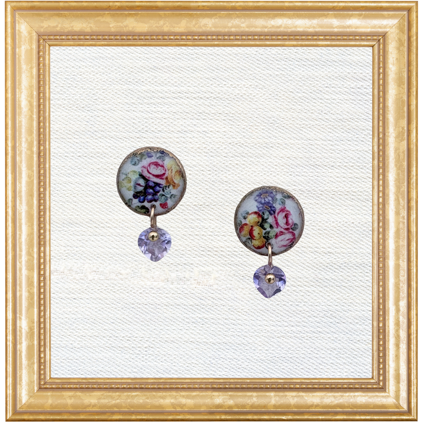 Floral Pattern Earrings with Heart-Cut Amethyst