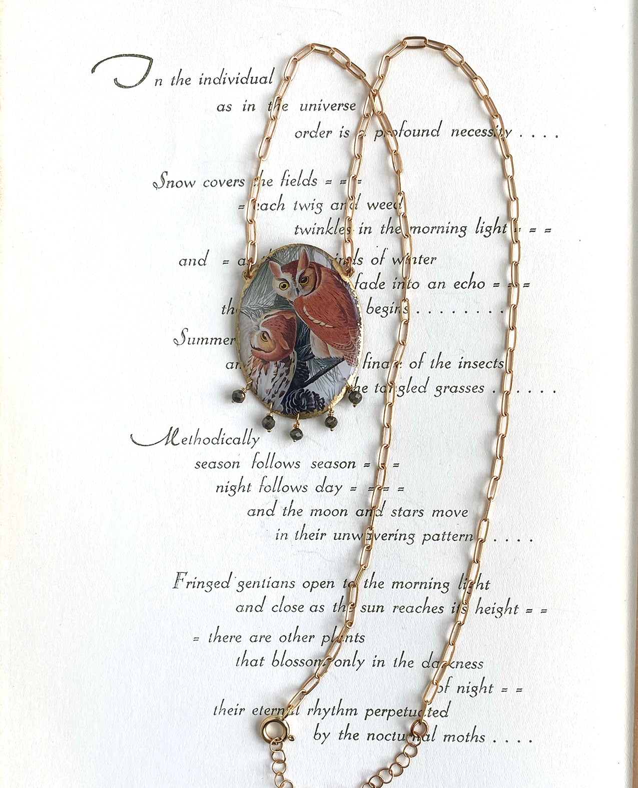 John James Audubon Little Screech Owl Cameo Necklace with Pyrite