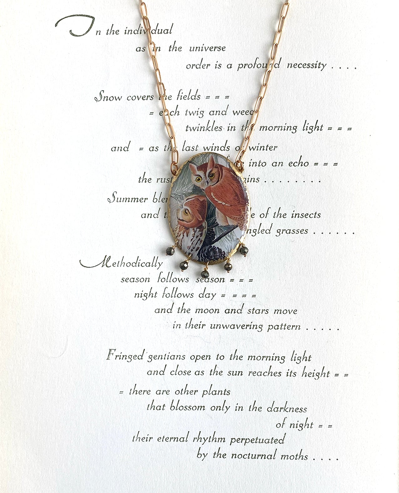 John James Audubon Little Screech Owl Cameo Necklace with Pyrite