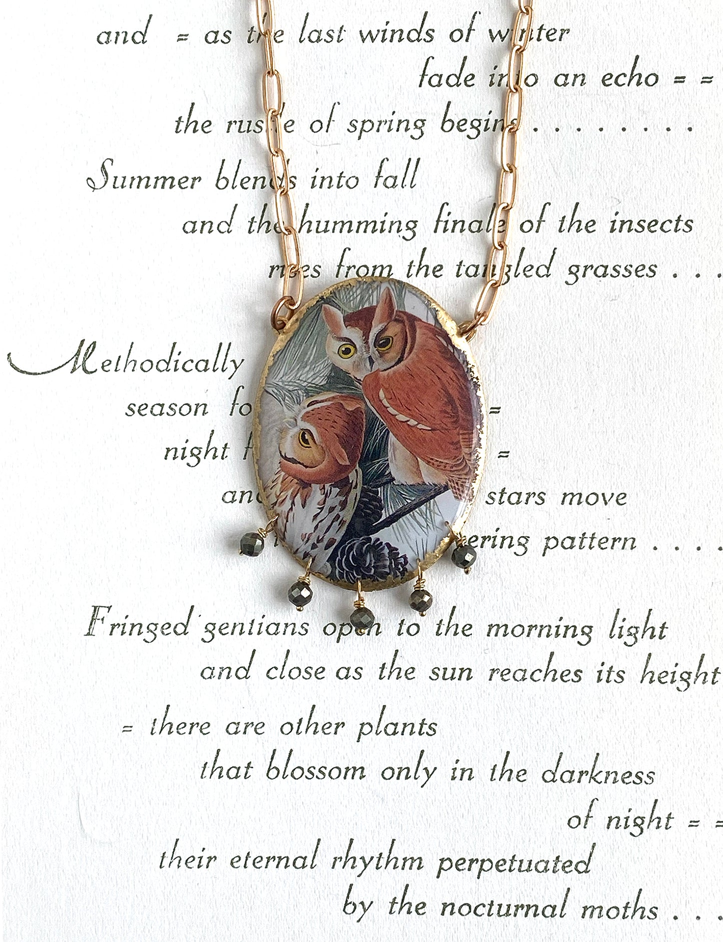 John James Audubon Little Screech Owl Cameo Necklace with Pyrite