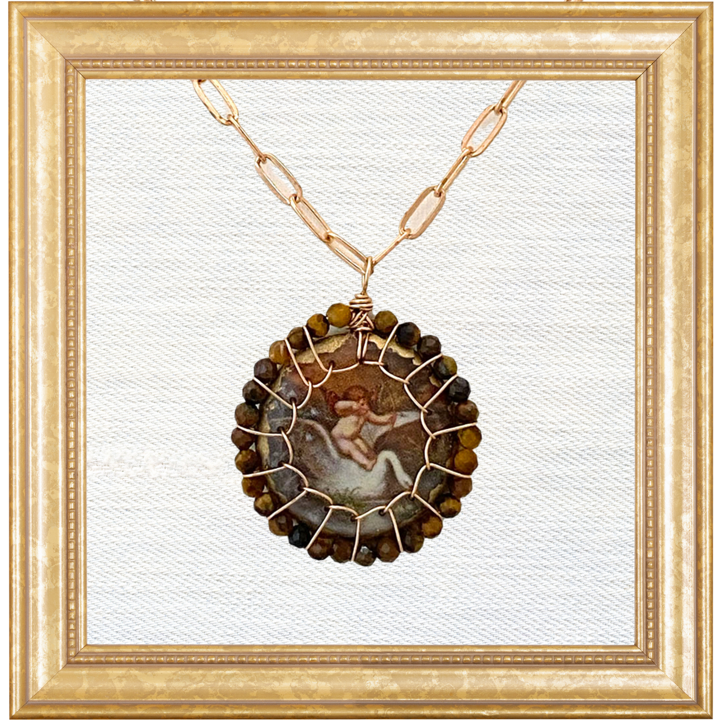 Cupid on a Swan Stitched Morgaine Necklace with Tiger's Eye