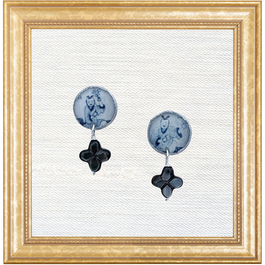 Chinoiserie Figure Earrings with Abalone Clover Drops