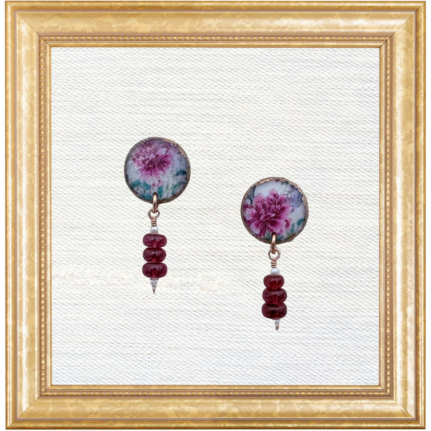 Chinoiserie Floral Studs with Stacked Garnet Drops
