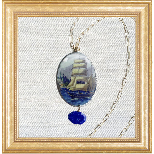 19th c. Clipper Cameo Necklace with Lapis