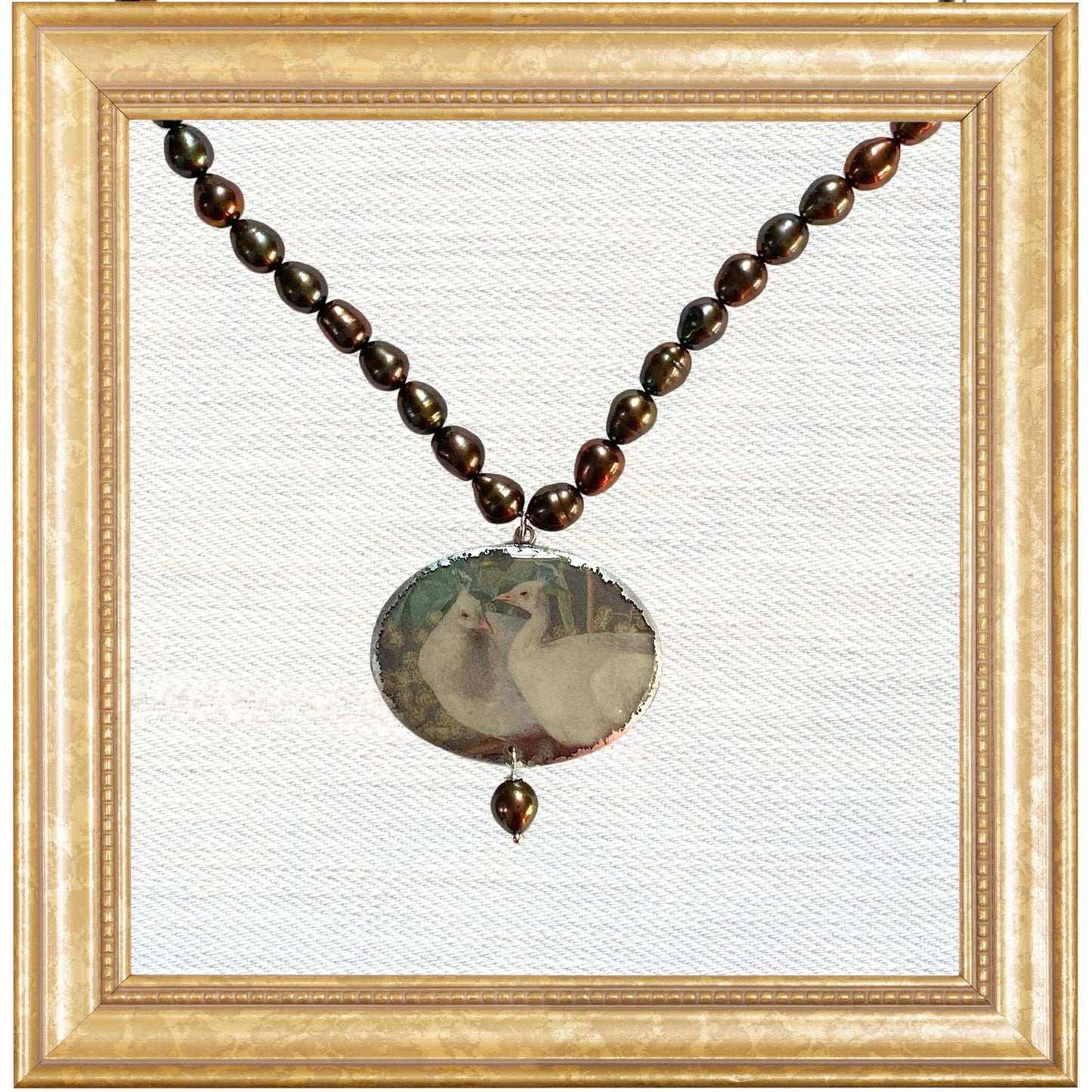 White Peacocks with Black Pearls Cameo Necklace