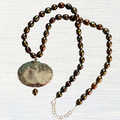 White Peacocks with Black Pearls Cameo Necklace