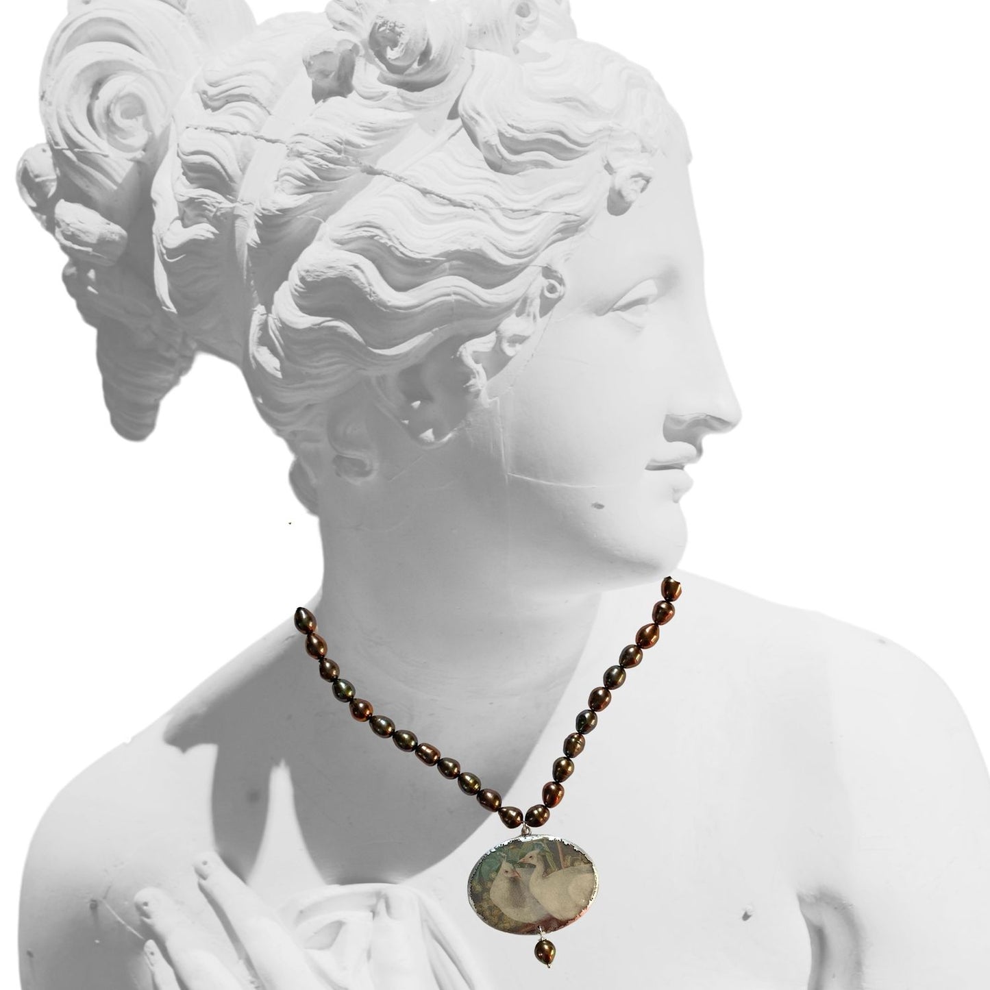 White Peacocks with Black Pearls Cameo Necklace