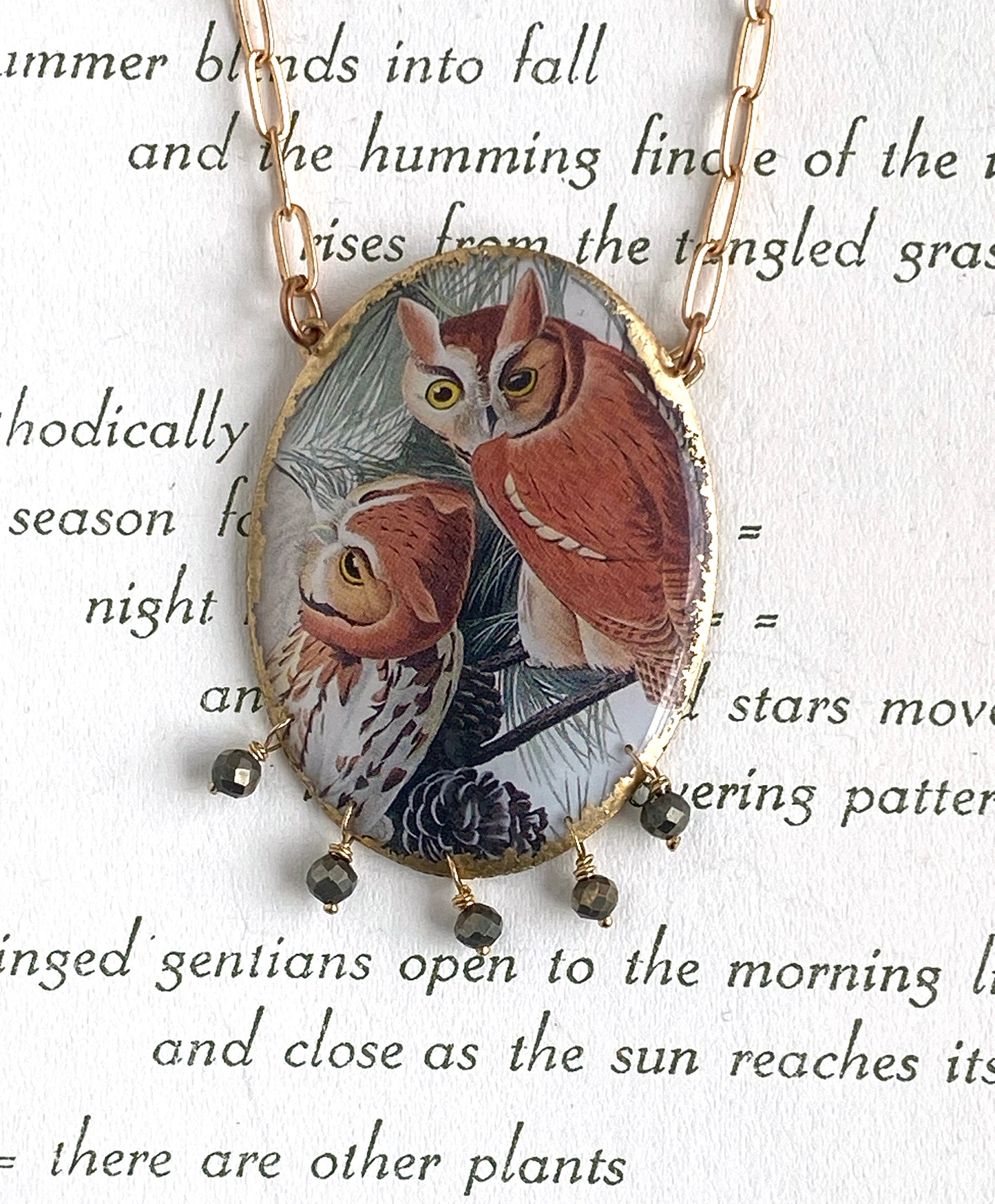John James Audubon Little Screech Owl Cameo Necklace with Pyrite