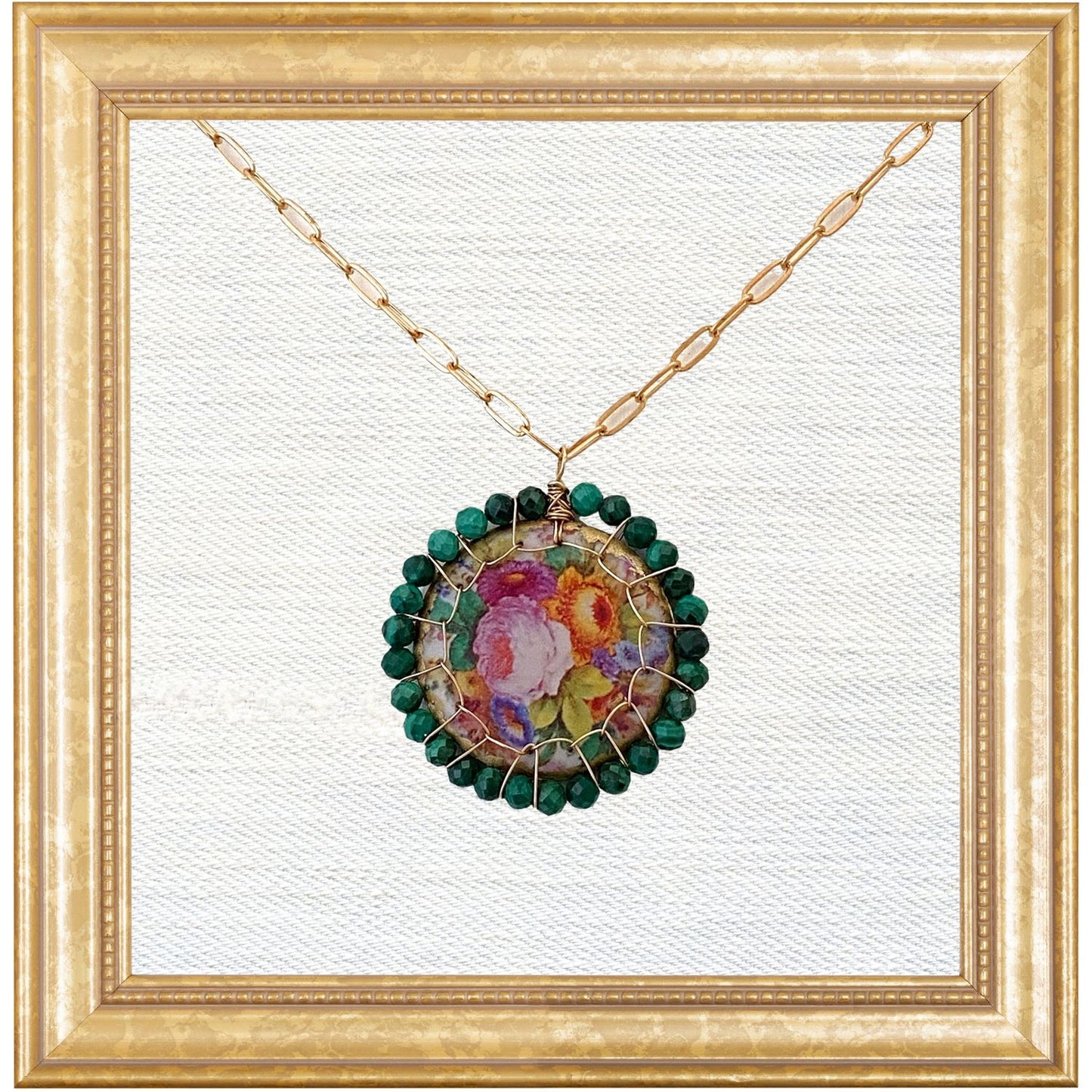 Porcelain Florals Stitched Bloom Necklace with Malachite