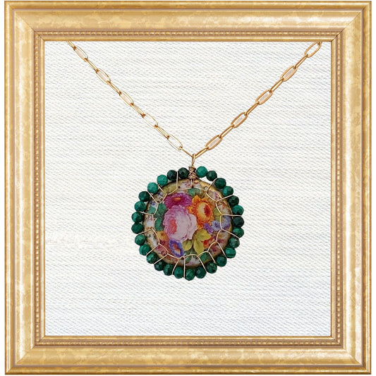 Porcelain Florals Stitched Bloom Necklace with Malachite