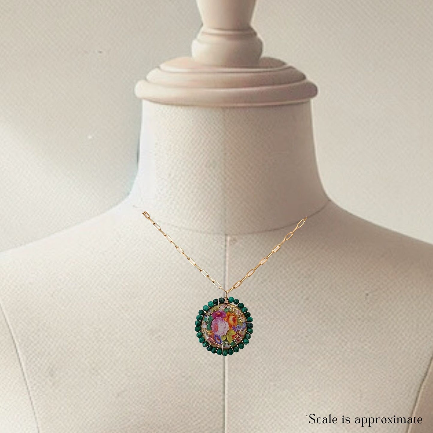 Porcelain Florals Stitched Bloom Necklace with Malachite